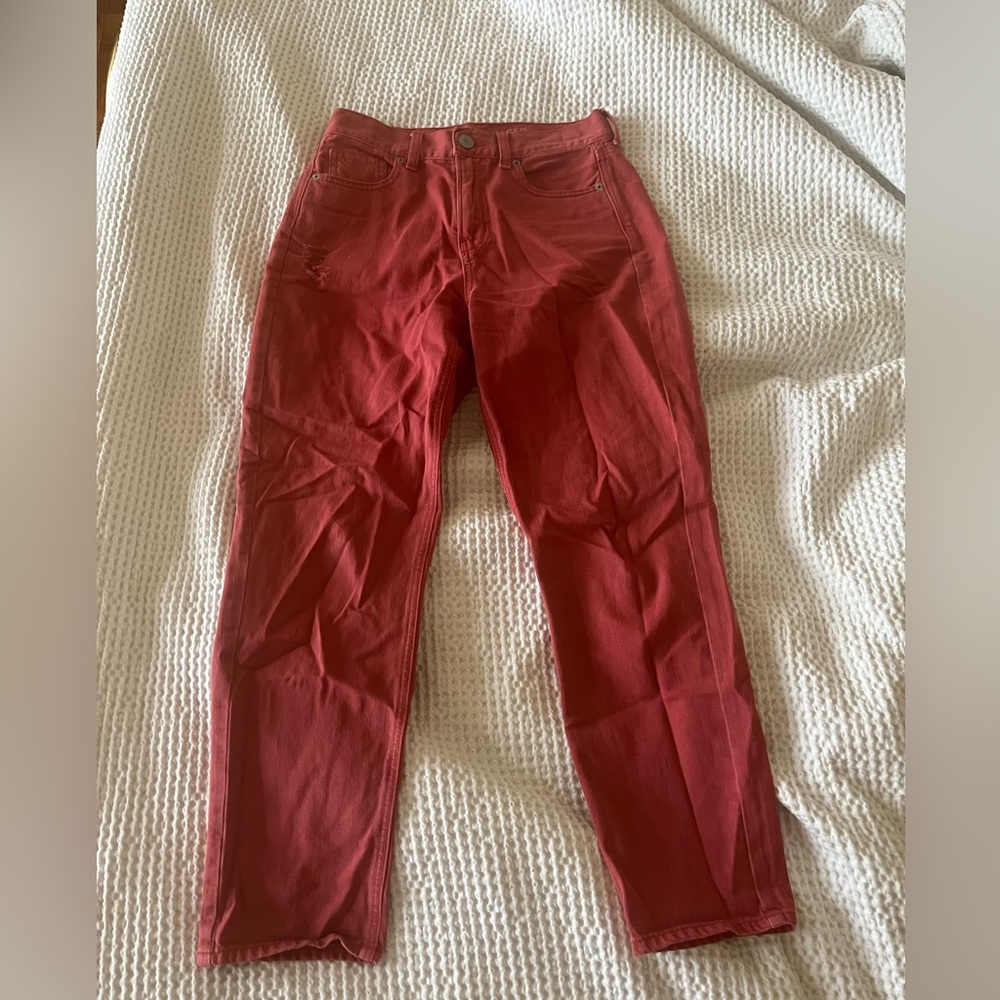 American Eagle Red Mom Jeans with Distressing